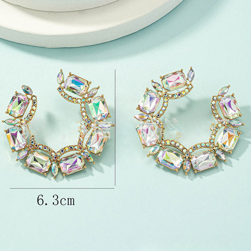 Wholesale Colorful Water Diamond Gemstone C-shaped Asymmetric Earrings